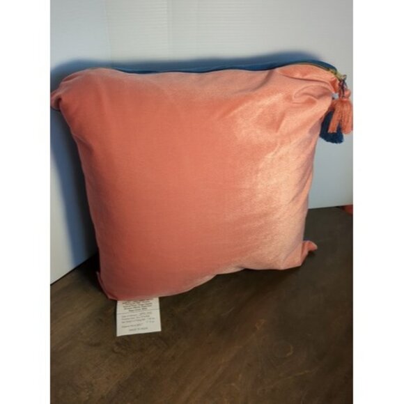 Distant Lands Peach And Blue Pillow With Tassels And Removable Cover 18" - Picture 7 of 8